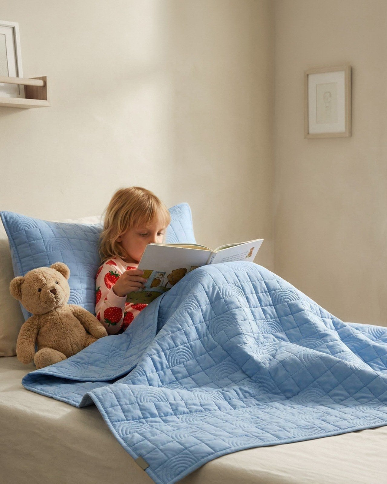 Child reading under the Blue Rainbow kids AC quilt