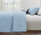 Blue Rainbow kids AC quilt styled in a bedroom