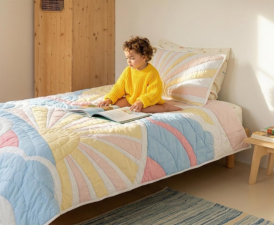 Child reading on a bed with the Sunrise Glow kids AC quilt