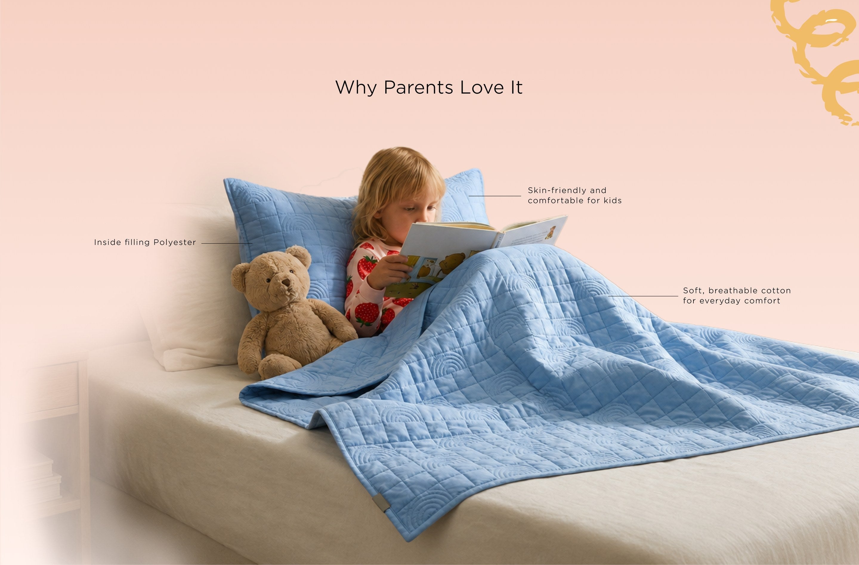 Why parents love it — child reading under a quilted blue AC quilt